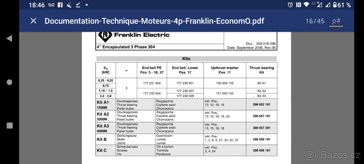 Prodám ponorné čerpadlo Franklin Electric Typ 234 562 3016 - 9