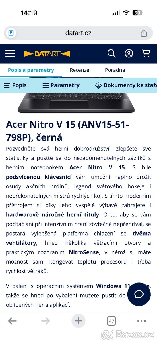 Herní notebook Acer Nitro V15, 16GB RAM, i7 - 9
