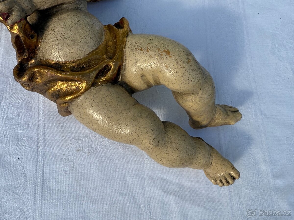 Dřevěná XXL socha anděla v páru polychromie 31cm - 9