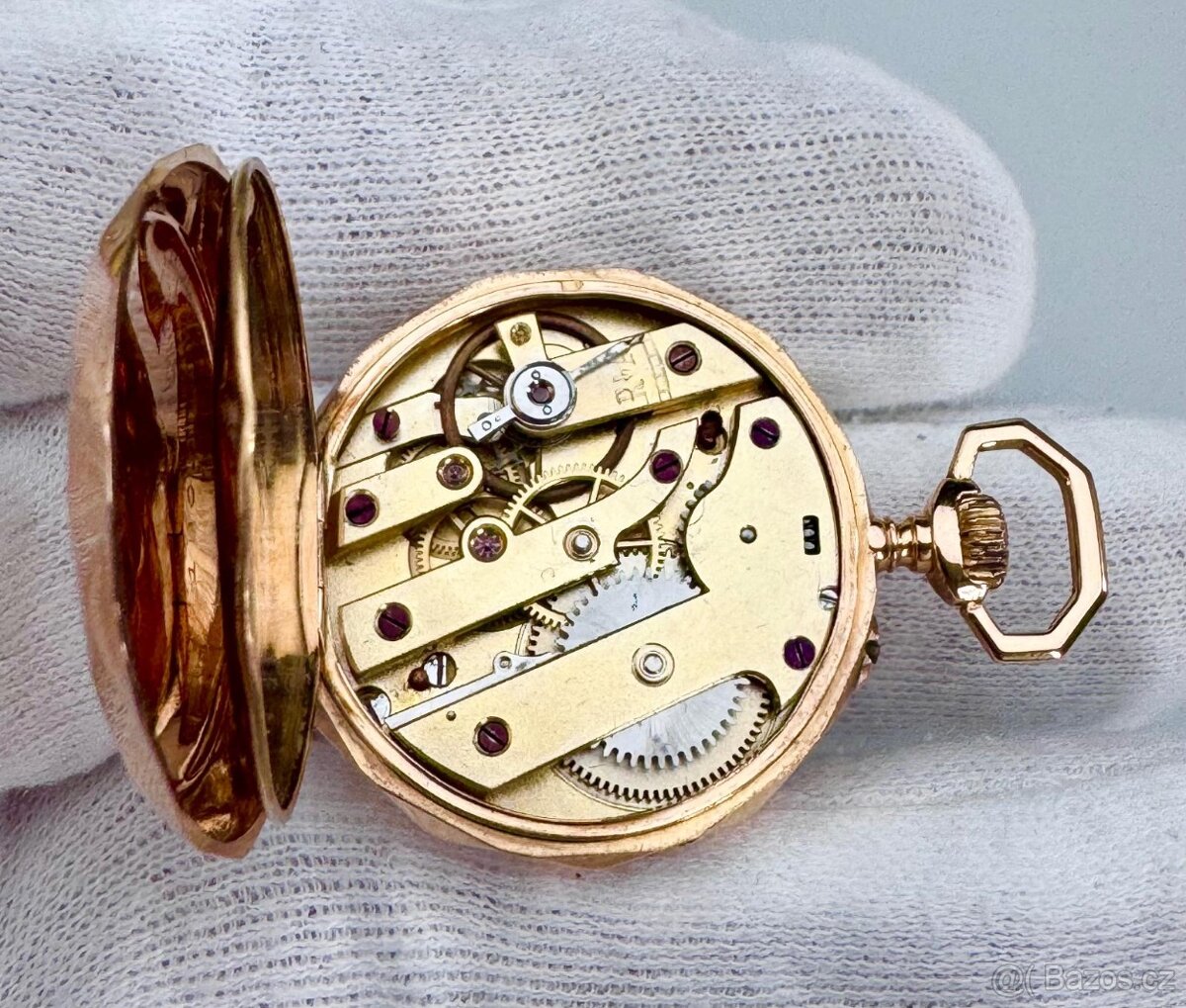 18K CELO ZLATÉ KAPESNÍ HODINKY S MONOGRAMEM - FUNKČNÍ - 9