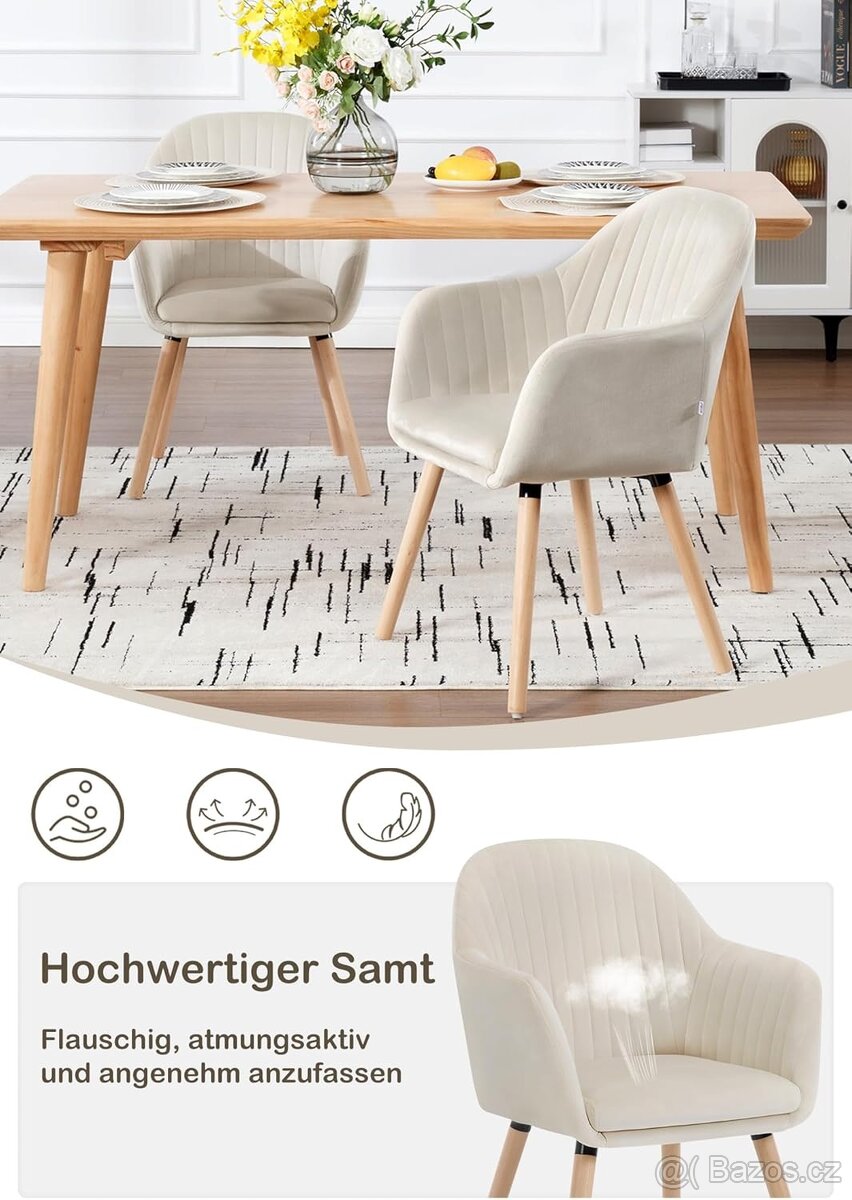 Nové jídelní křesílka, krémové, velur, nohy dřevo, 4 kusy - 9