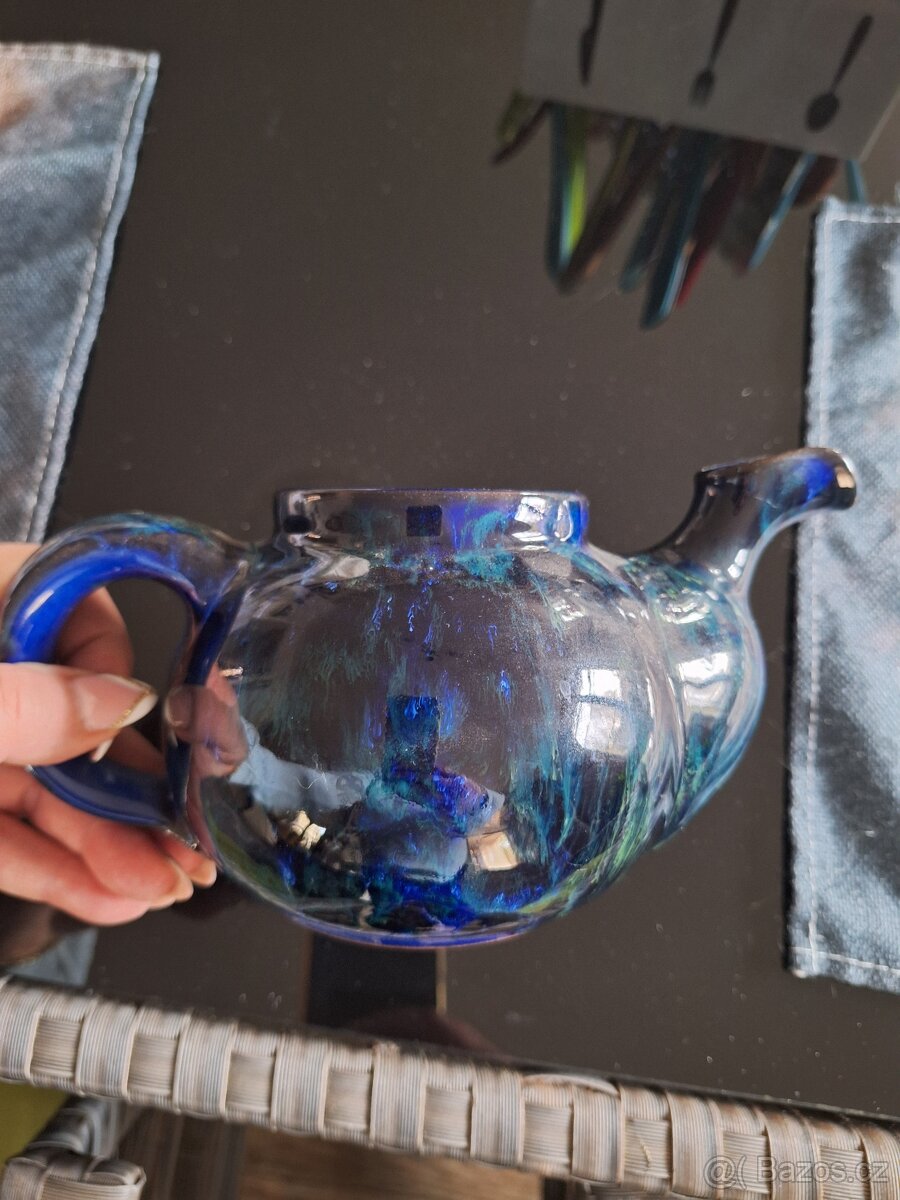 Čajová konvička s cedníkem, ohřívačem a hrnečkem, keramika - 9