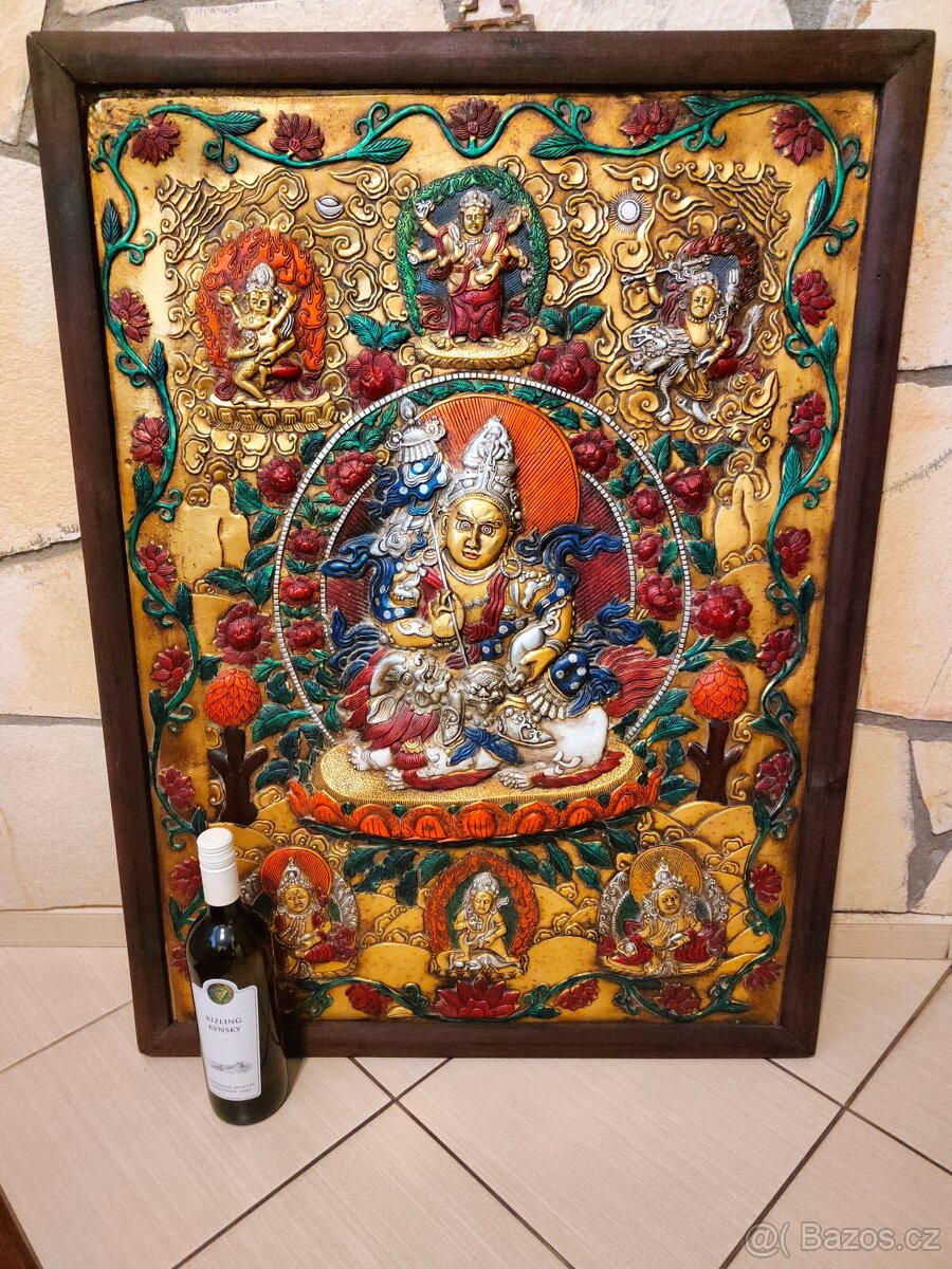Tibetské drevo bronzová maľba - Thanka - 9
