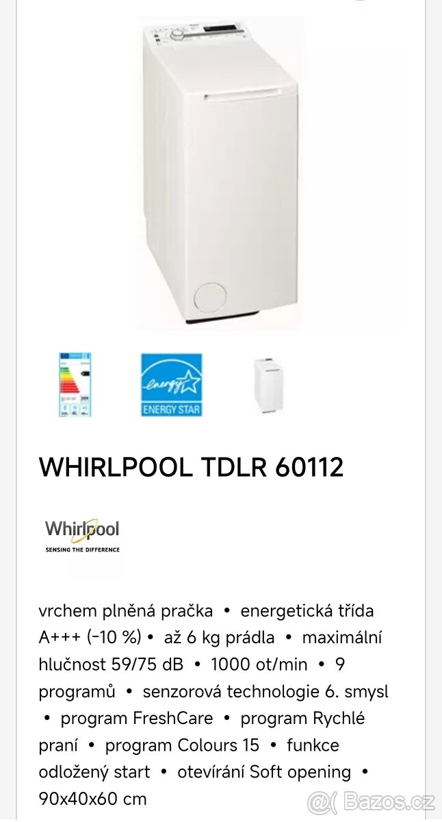 Whirlpool A+++, 6kg, 1000ot. 39l spotřeba, 6 smysl - 9