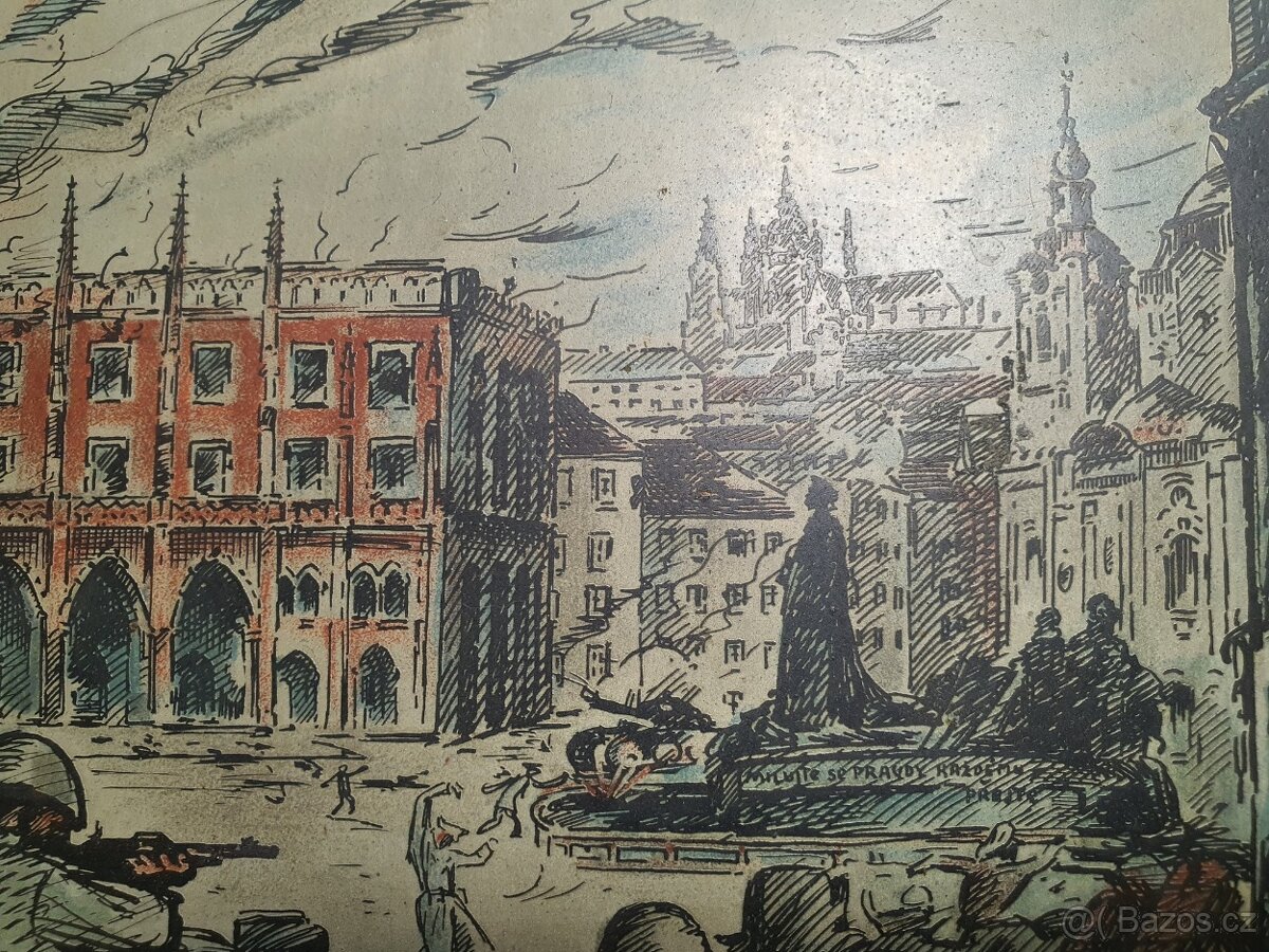 RARITA - dobový obraz Osvobození boj barikáda 1945 - 9