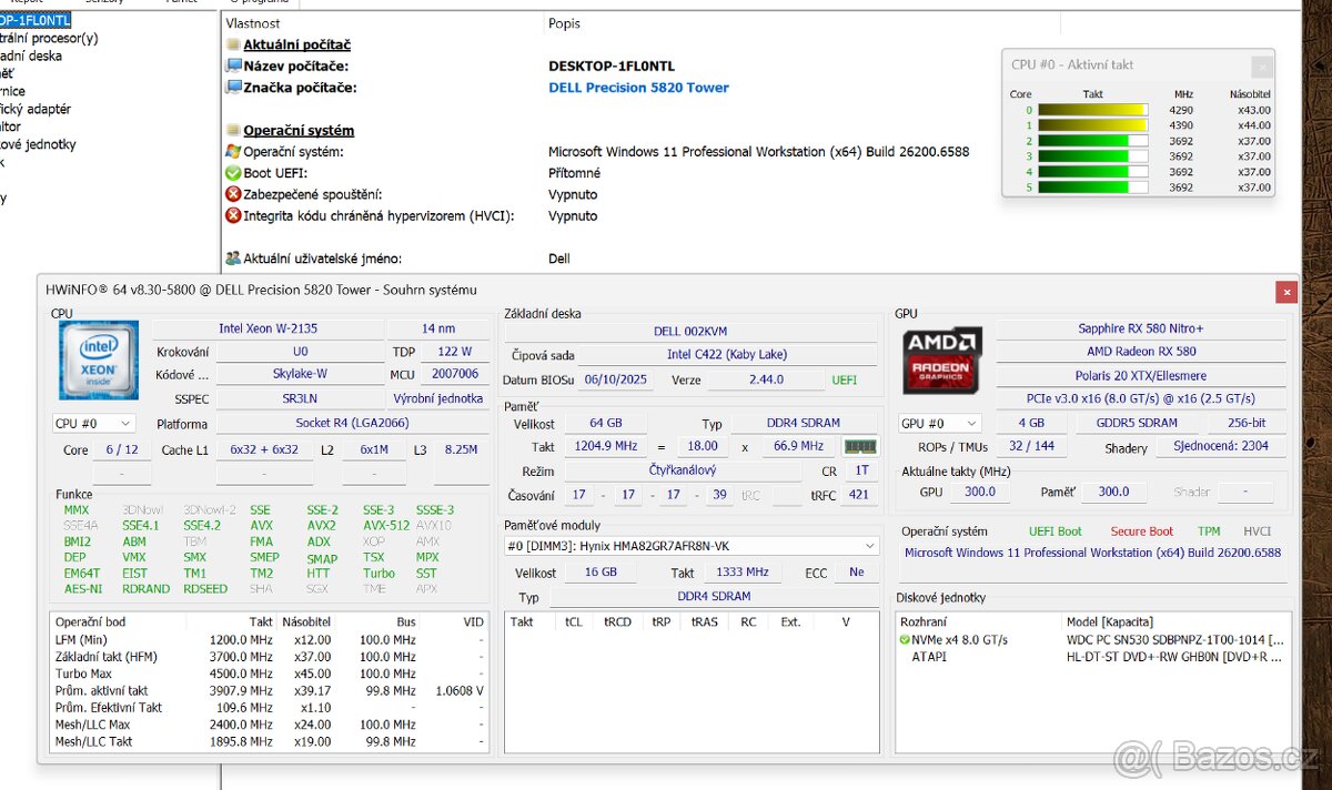 DELL Precision Tower 5820 - XEON W-2135 v4, 64 GB RAM - 9