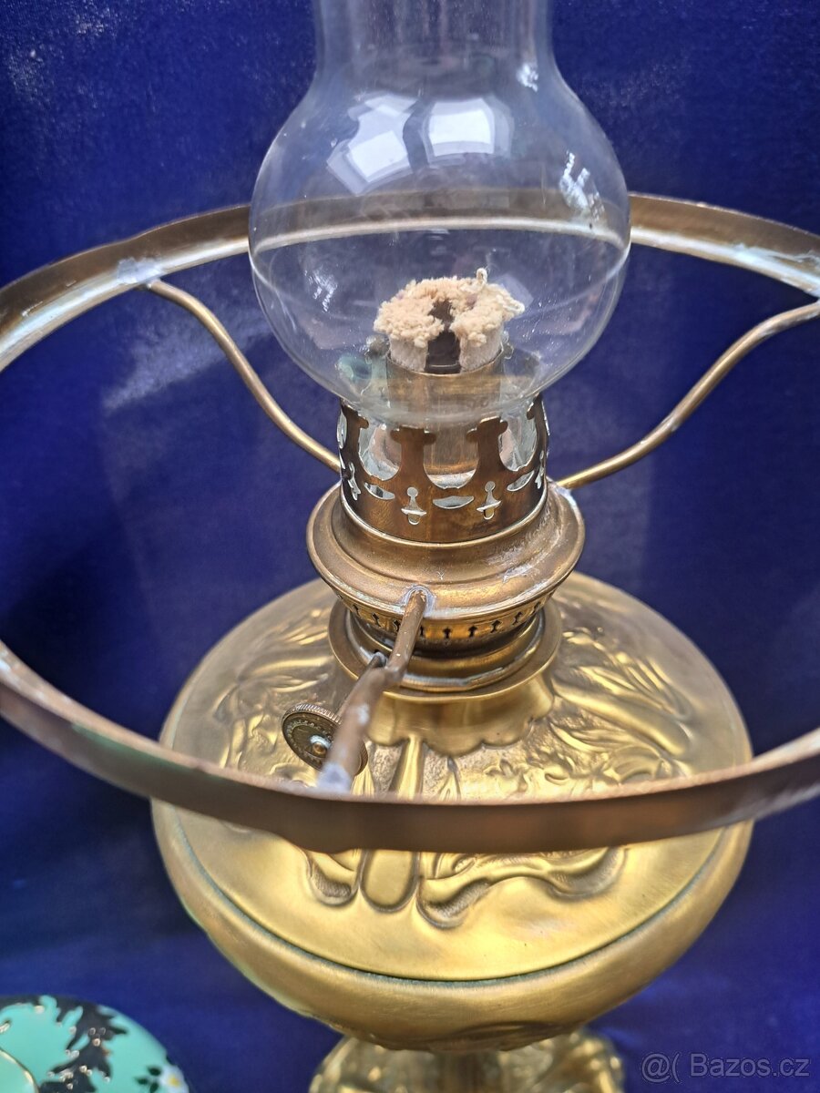 Secesní, petrolejová lampa z mosazi - 9