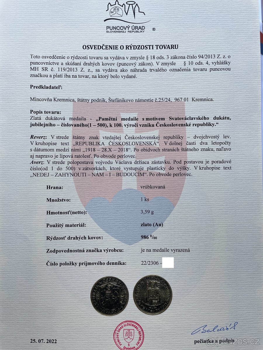 Jubilejní svatováclavský dukát - ČÍSLOVANÝ - 1918-2018 -TOP - 9