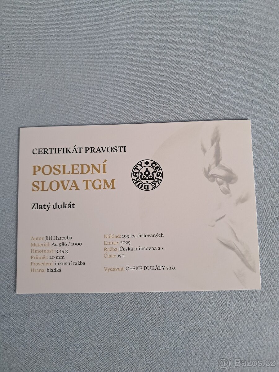 Zlatý dukát - Poslední slova TGM, číslo: 170 - 9