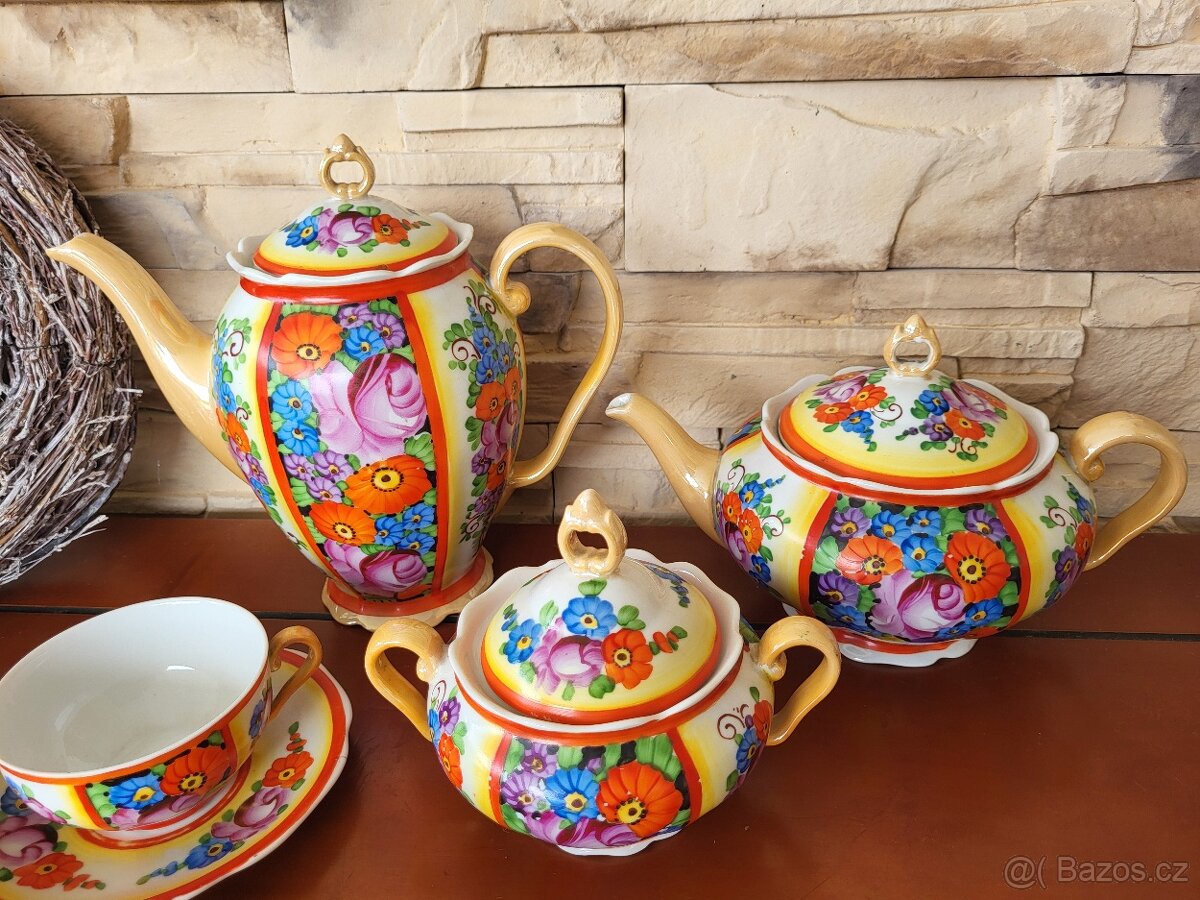 STAROŽITNÁ KOVOVÁ SOUPRAVA ART DECO- RUČNĚ MALOVANÁ - 9