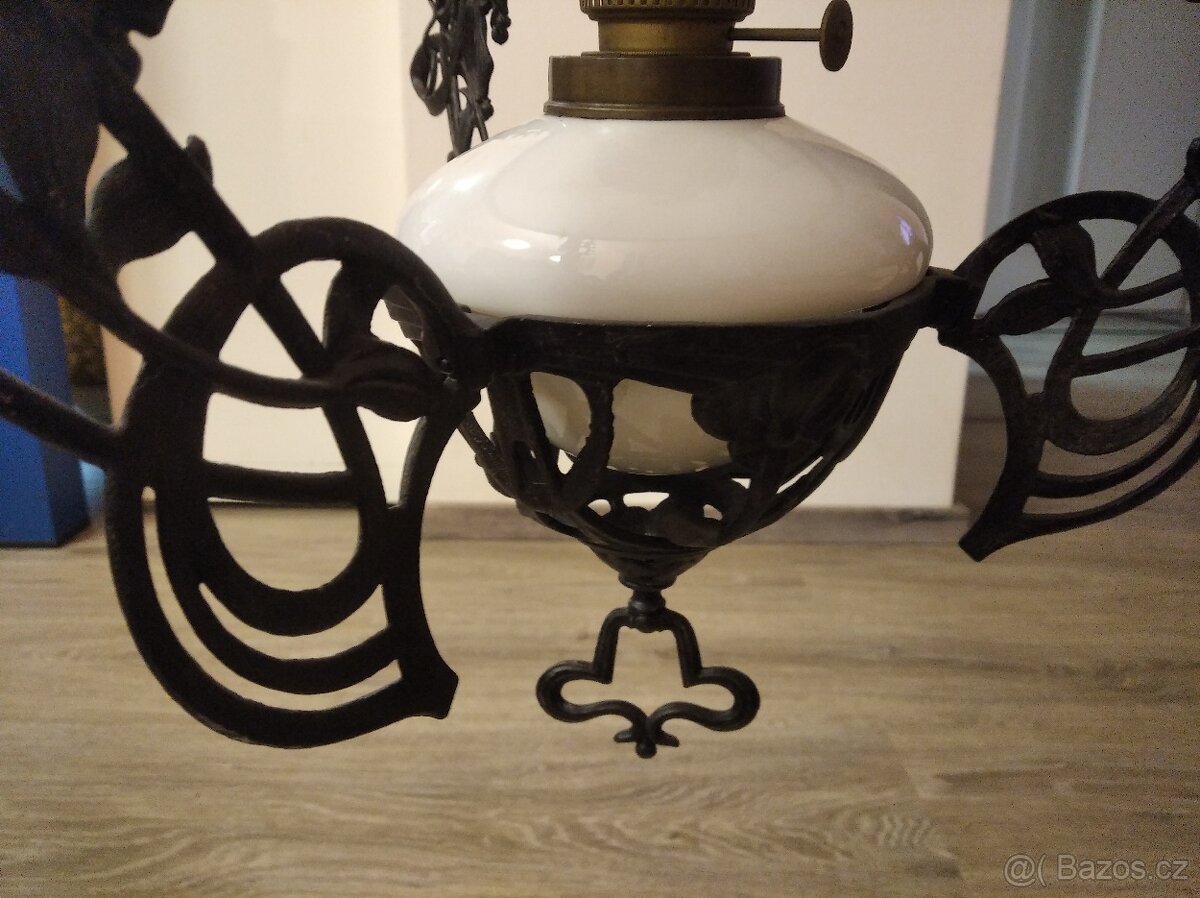 Starožitný lustr na kahan, lampu, petrolejku - 9