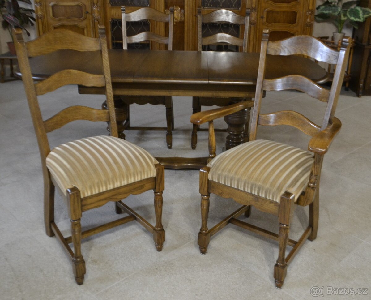 Dubový, rozkládací, rustik. jídelní set a 3 židle+ křesílko. - 9