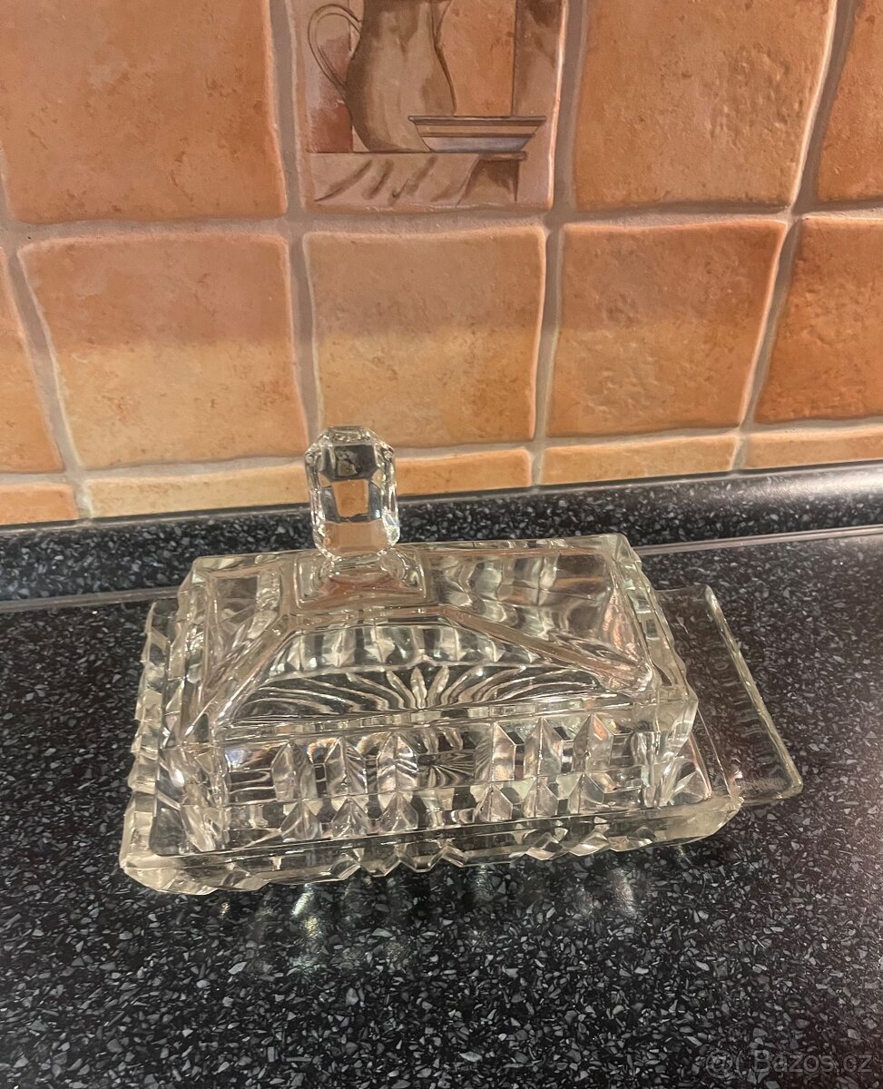 Starožitná skleněná dóza na máslo nebo dortík kremrolky atd. - 9