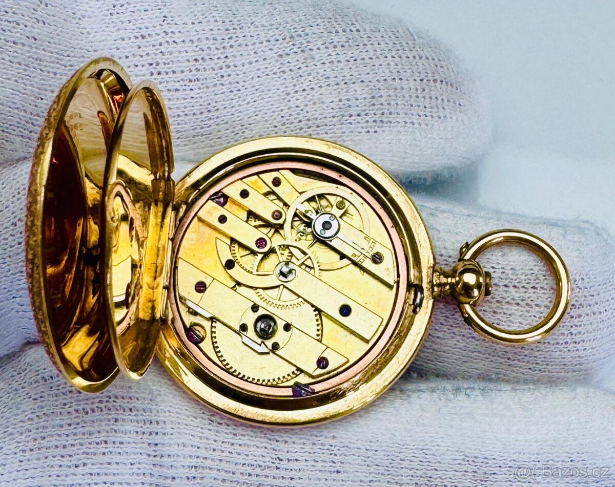 18K CELO ZLATÉ KAPESNÍ HODINKY - KLÍČOVKY SE SMALTEM - FUNKČ - 9