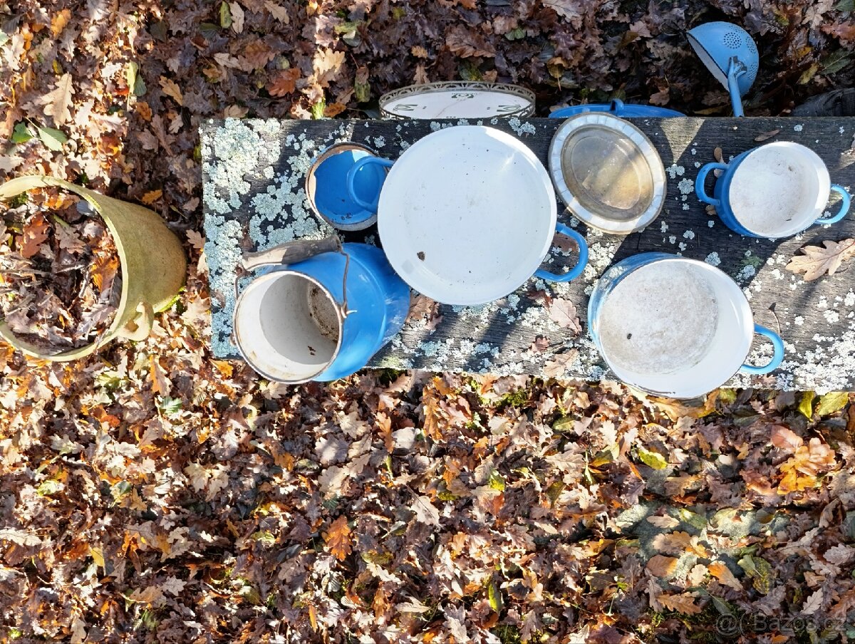 Set starý modrý smalt,secesní podnos, tácek s perletí - 9