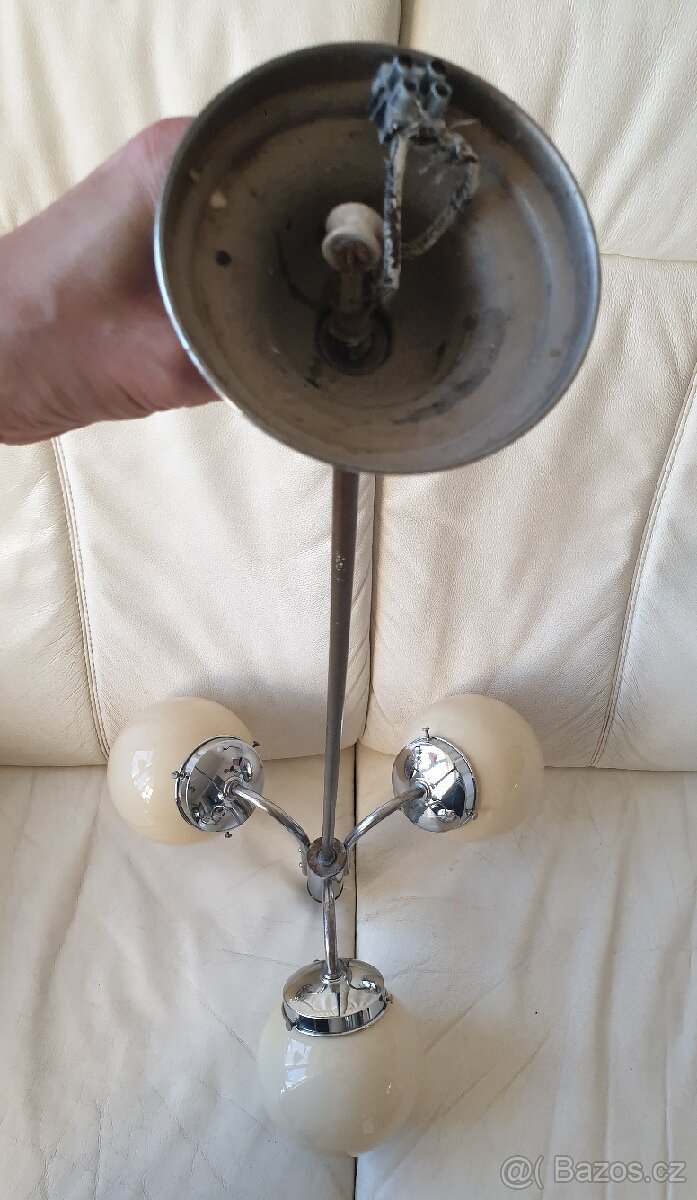 Starožitný lustr art deco chrom 3 béžové koule - 9