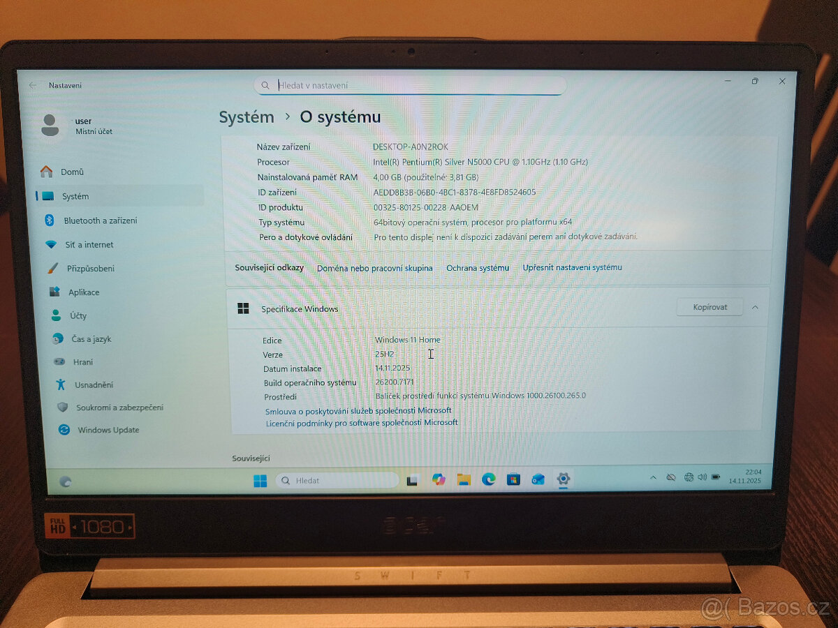 Acer Swift sf114-32/Intel Pentium N5000/4GB RAM/512GB NVMe - 9