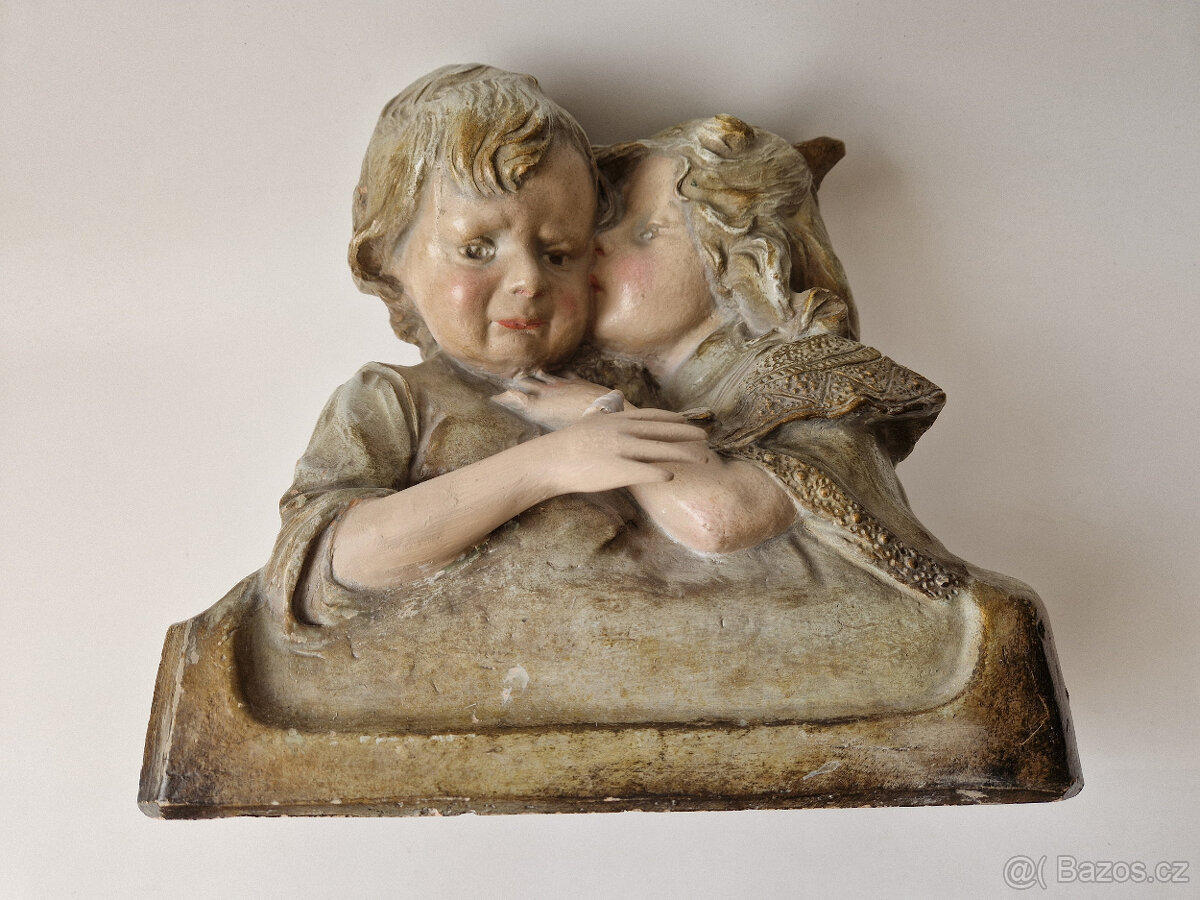 Starožitná secesní keramická socha sousoší busta děti ca1900 - 9