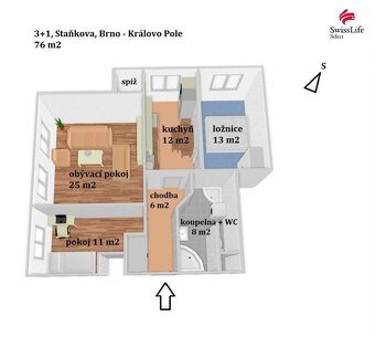 Pronájem bytu 3+1 76 m2 Staňkova, Brno - 9
