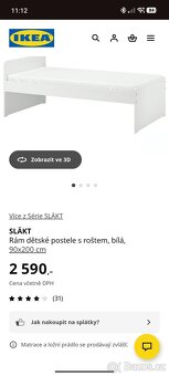 Ikea postel bílá 90x200 + šuplík - 9