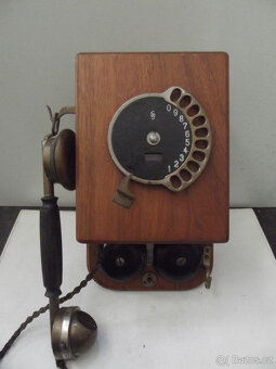 Starý nástěnný telefon Siemens, dřevo, mosaz atd. - 9