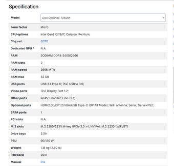 Dell 5060M i5-8500T 8GB DDR4-2666 WiFi/BT W10/W11 - 9