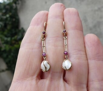 Starožitné secesní zlaté náušnice, perly, rubínky - 9