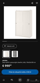 Bílá šatní skříň Ikea HAUGA - jako nová (199x118x55cm) - 9