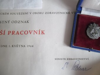 stříbrný odznak - nejlepší pracovník -zdravotnictví + dekret - 9