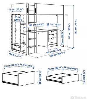 Patrová postel bílá se psacím stolem se 4 zásuvkami IKEA - 9