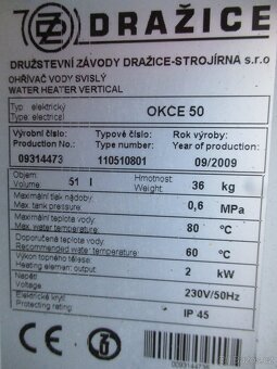 ELEKTRICKÝ BOJLER DRAŽICE ozn. OKCE 50 - 9