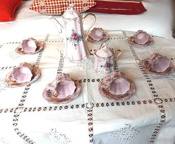 Růžový porcelán - retro, krásná čajová souprava - 9