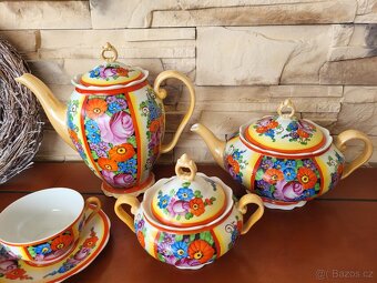 STAROŽITNÁ KOVOVÁ SOUPRAVA ART DECO- RUČNĚ MALOVANÁ - 9