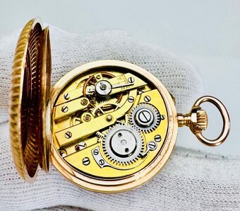 VZÁCNÉ 14K ZLATÉ KAPESNÍ HODINKY REMONTOIR S ŘETÍZKEM V ETUI - 9