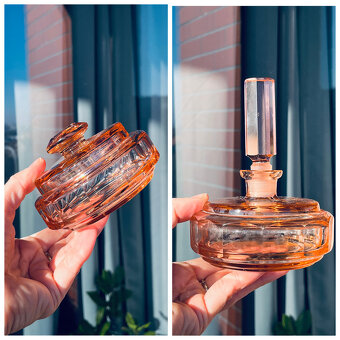 Art Deco flakón a dóza, rosalínové sklo - 9